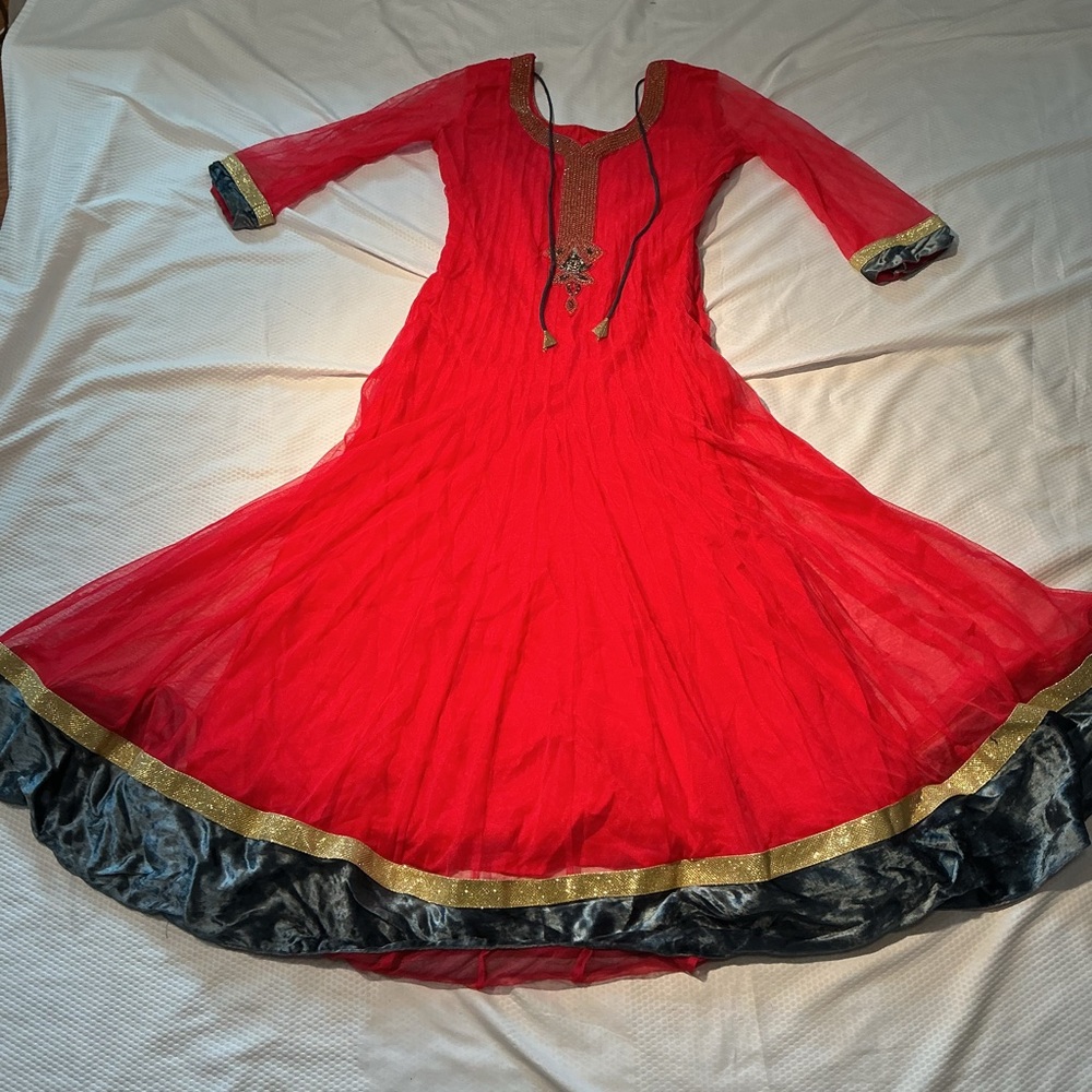 Indian Long Red Anarkali Dress with Gold Trim
